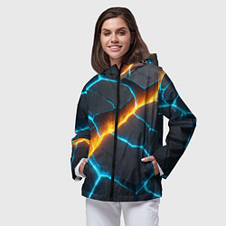 Ветровка с капюшоном женская Оранжевая лава из синих неоновых плит, цвет: 3D-черный — фото 2