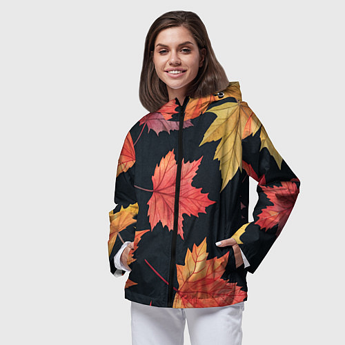 Женская ветровка Кленовые листья на черном - акварельный паттерн / 3D-Черный – фото 3