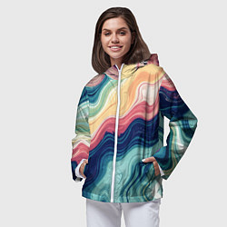 Ветровка с капюшоном женская Абстрактные волнистые линии синий, цвет: 3D-белый — фото 2