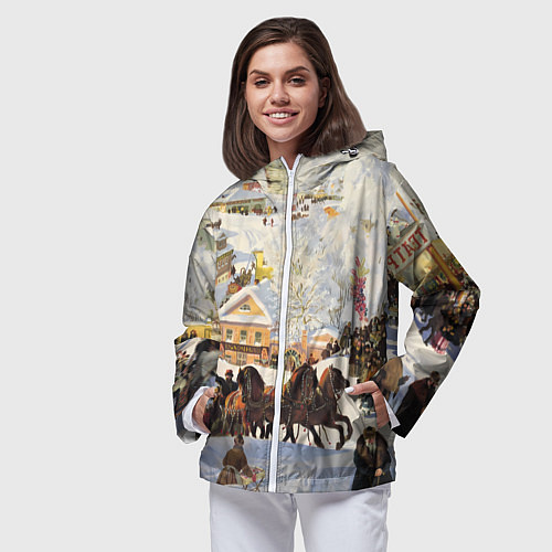 Женская ветровка Русская тройка зимой - картина Масленица Кустодиев / 3D-Белый – фото 3