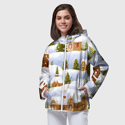 Женская ветровка Новогодние домики и елочки / 3D-Белый – фото 3