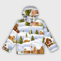 Ветровка с капюшоном женская Новогодние домики и елочки, цвет: 3D-белый